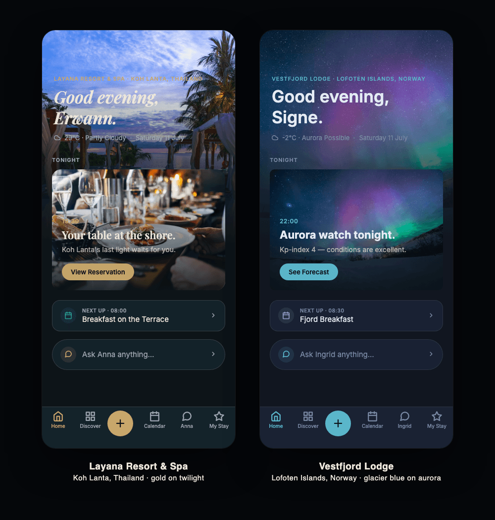 Two phones running the HotelClaw guest app, each in its property's own branding: Layana Resort & Spa in warm gold, and a demo property in glacier blue - same platform, per-property theme.